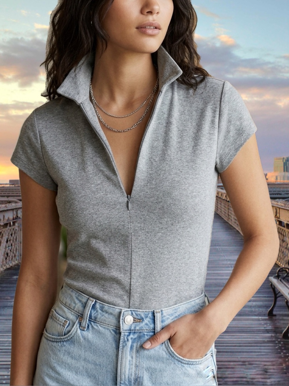 Vintage Deep V Zipper Cotton Polo Tee